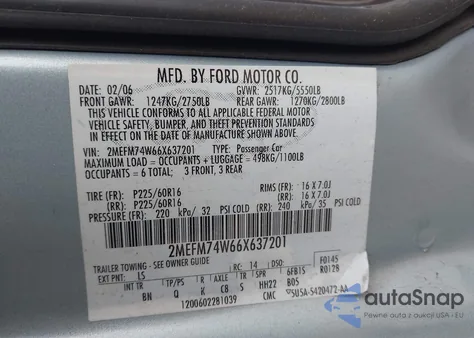 2006 Mercury Grand Marquis Gs z USA, uszkodzony, nr VIN 2MEFM74W66X637201